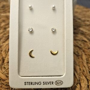 Sterling Silver Goldplated Stud Earrings Set Crescent Moon Faux Pearl Solitaire